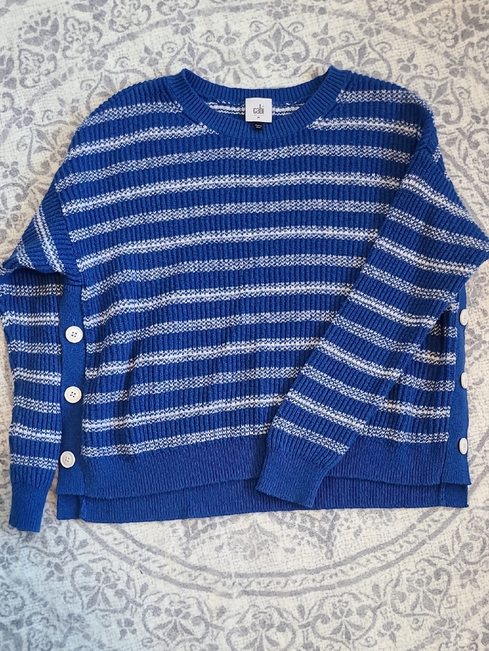 CAbi Blue and White Striped Crewneck Sweater with Side Buttons